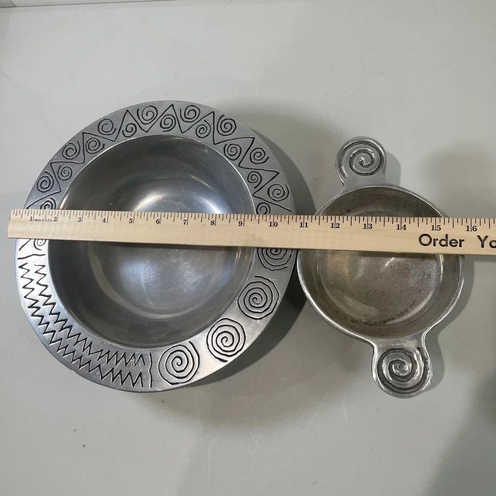 2 pc Wilton Armetale and Holland Boone Polished Pewter Bowl Set Spiral‎ Zig Zag